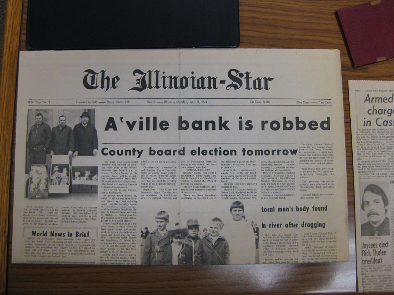 Newspaper on display at the "Arenzville Museum" in the Community Room of the First National Bank.