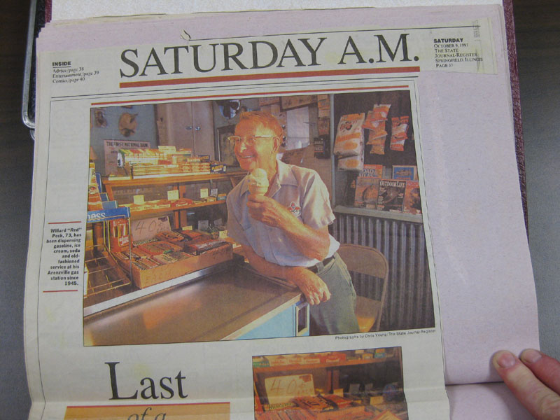 Springfield newspaper page featuring one of Arenzville's best-loved icons, Willie Peck.