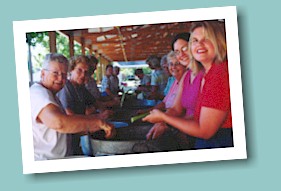 Cleaning celery: (from left) Jean Carls, Eileen Meyer, Pat Roegge, Janice Schone, Millie Beard, Susan Beard and Teresa Langley.