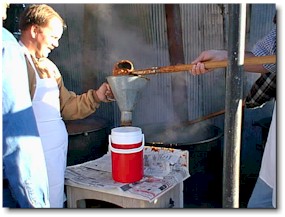 Straight from the kettle into your container. (Or the Burgoo will provide one for you for a small charge.) Bob Stock tells me that Bert Kolberer once said, We've filled everything except a ketchup bottle!"