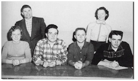 Class officers, Class of 1959, junior year -- from left: Margaret Ginder, Coach Kemp, Bill Alexander, Ray Jones, Mrs. Bader, Lanni Clark