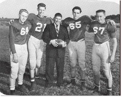 1958 Senior lettermen, Arenzville High School - from left: R. Jones, B. Ommen, Coach Kemp, L. Clark, R. Burrus.