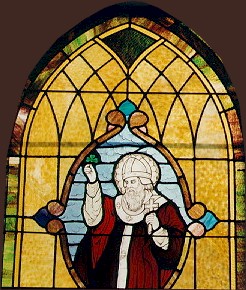 Stained glass window in St. Fidelis features St. Patrick.